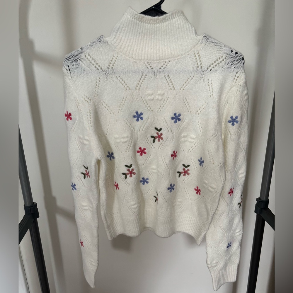 White and Red Cowl Neck Sweater with Floral Embroidery
